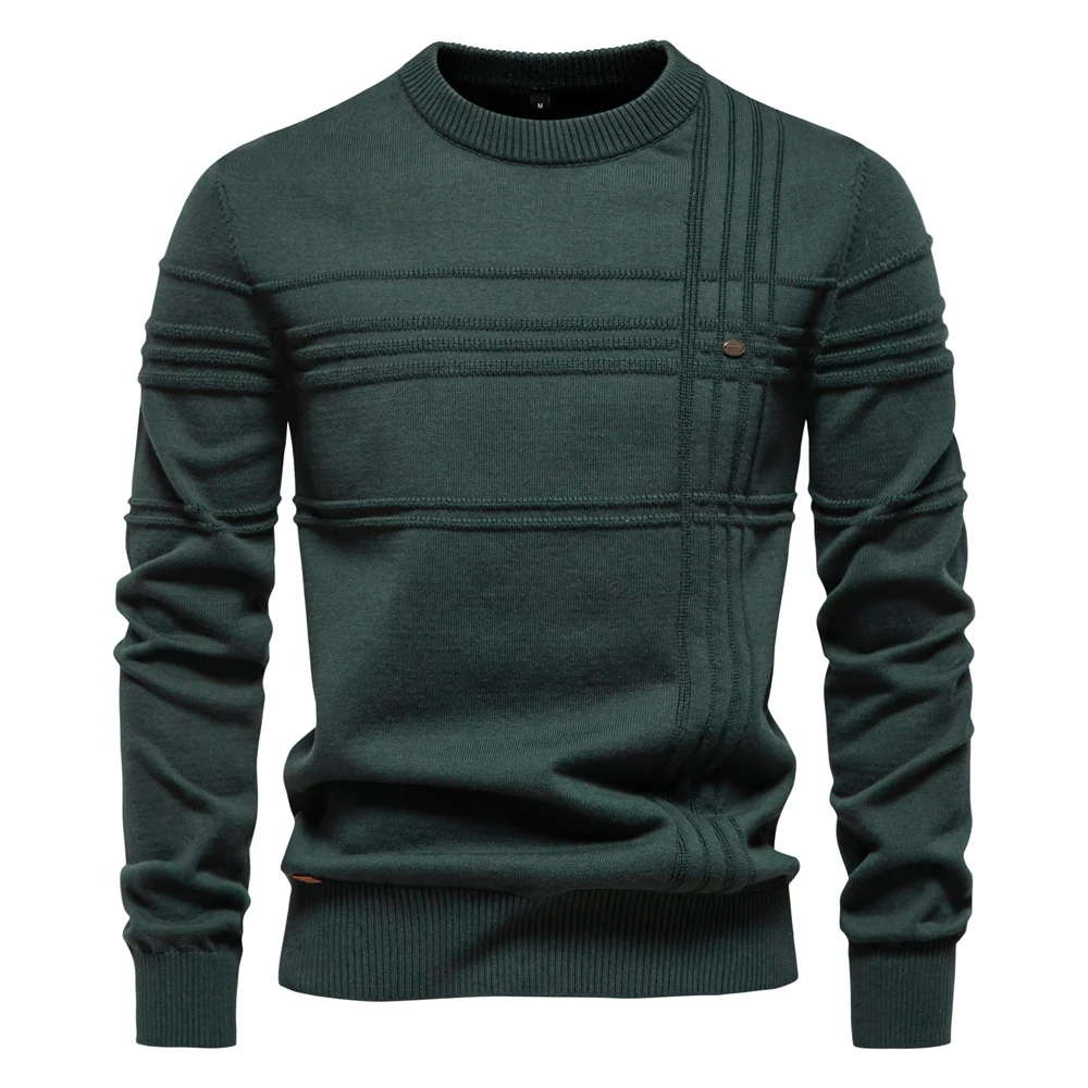 Mens Crewneck Pullover Sweater Knitted Cotton Stripped