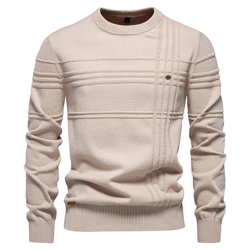 Mens Crewneck Pullover Sweater Knitted Cotton Stripped