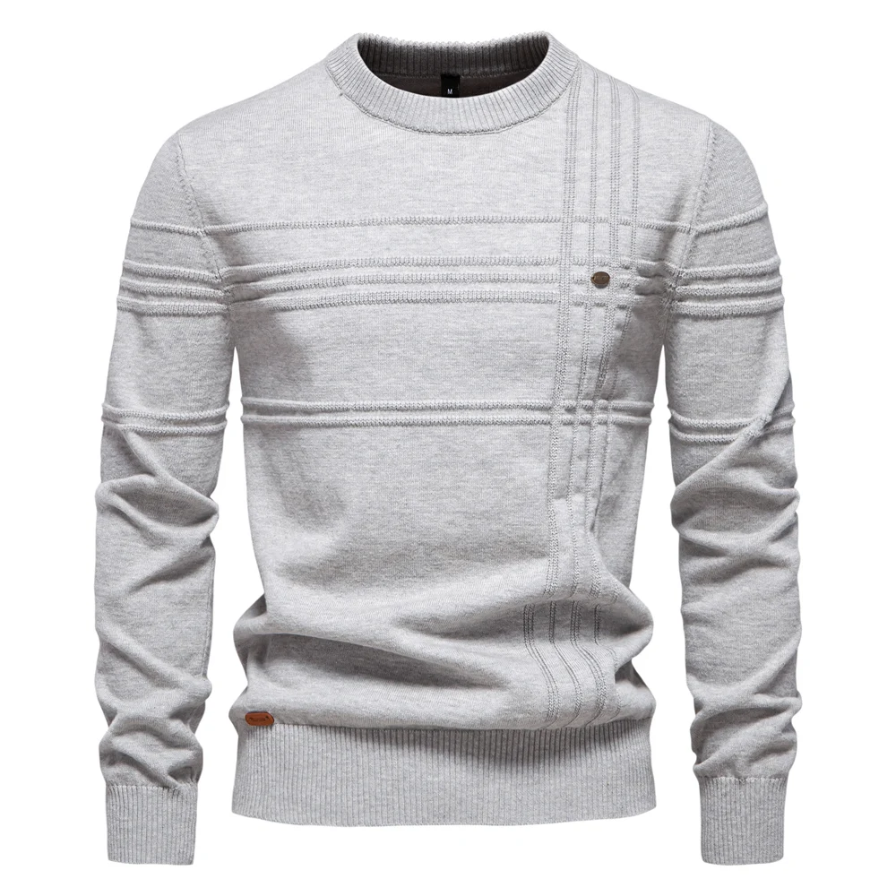 Mens Crewneck Pullover Sweater Knitted Cotton Stripped