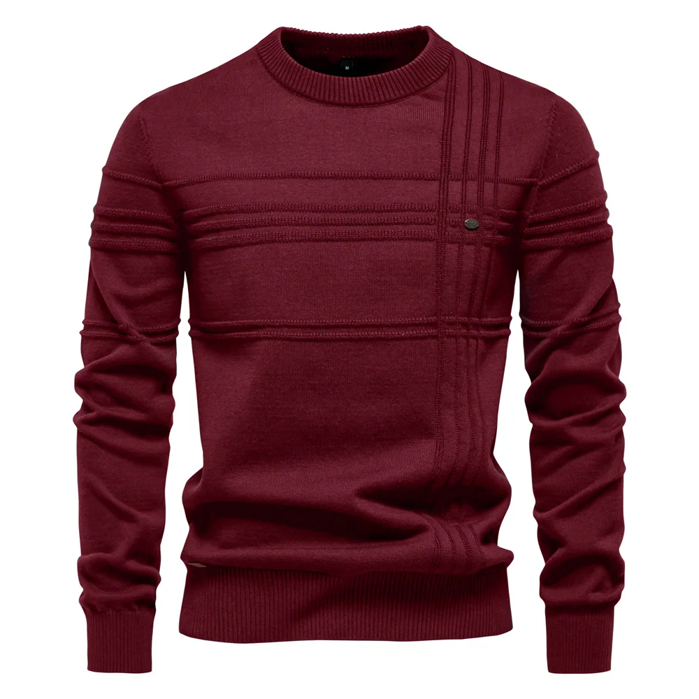 Mens Crewneck Pullover Sweater Knitted Cotton Stripped